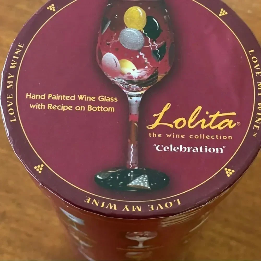 NIB Lolita “Celebration” Hand Painted Wine Glass Silver Black Gold